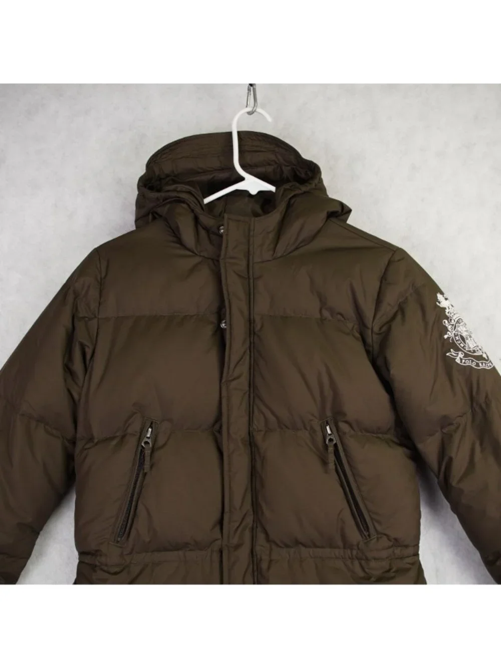 Ralph Lauren Younth XL (16) Brown Hooded Down Puffer Jacket Crest Logo